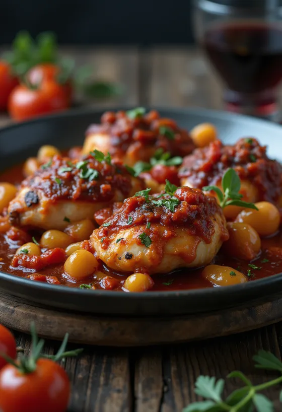 Cacciatore s omáčkou z červeného vína a rajčat, podávané s kuřecími stehny a olivami