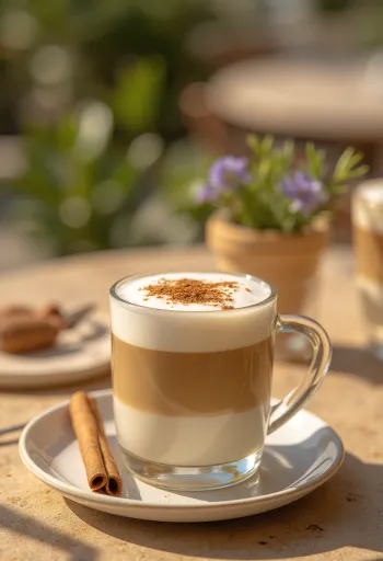Skořicovo-mátové latte, kávový nápoj zdobený celou skořicí a mátou