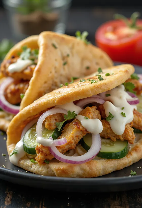 Gyros z kuřecího masa, servírované