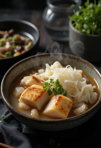 Kiritanpo nabe s kořenem lopuchu, servírované jako lahodná japonská polévka