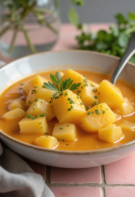 Klasický bramborový přivarek se smetanovým zahuštěním, zdobený čerstvou petrželkou.