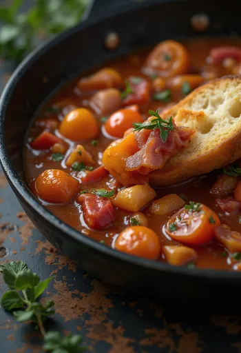 Lečo podávané s čerstvou paprikou, rajčaty a uzenou klobásou