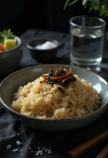 Panta bhat se shutki bharta v misce, zdobené koriandrem a limetkovou šťávou