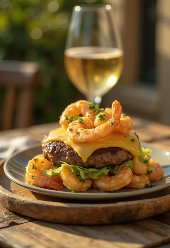 Surf and Turf burger s hovězím masem a krevetami