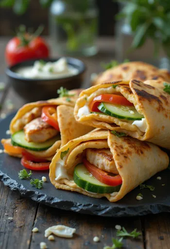 Mini wrap jednohubky plněné kuřecím masem a zeleninou