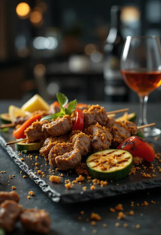 Suya s grilovanou zeleninou, zdobená čerstvým koriandrem