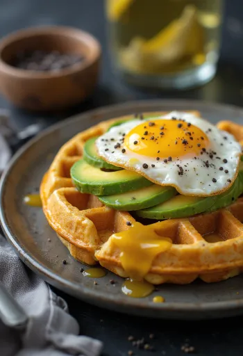 Vafle v australském stylu s Vegemite, čedarem, avokádem a sázeným vejcem