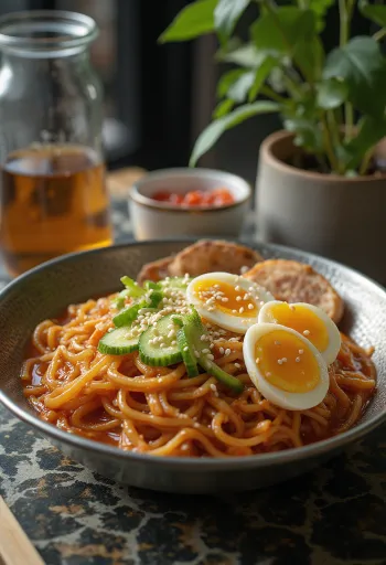 Bibim naengmyeon, korejské studené nudle s čerstvou zeleninou a pikantní omáčkou