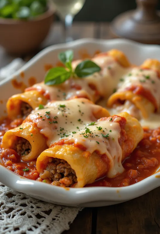 Masové cannelloni podávané s rajčatovou omáčkou a rozteklým sýrem