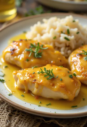 Šťavnatá medovo-hořčičná kuřecí prsa pečená dokřupava, podávaná s čerstvou zeleninou.