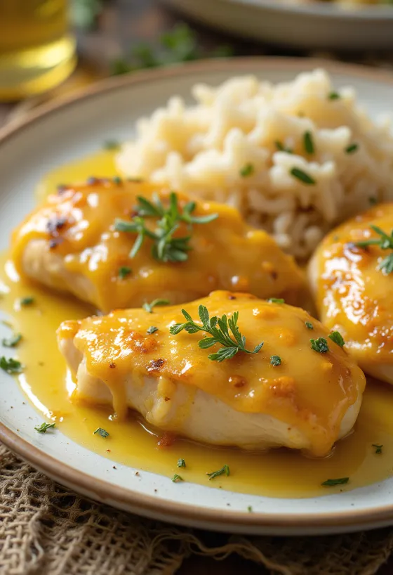 Šťavnatá medovo-hořčičná kuřecí prsa pečená dokřupava, podávaná s čerstvou zeleninou.