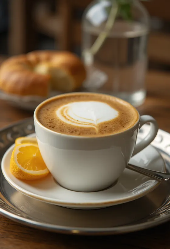 Skořicovo-zázvorové latte, kávový nápoj zdobený celou skořicí a zázvorem