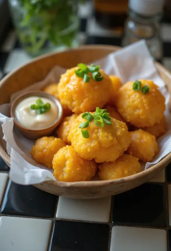 Kwek-kwek podávaný s jarní cibulkou