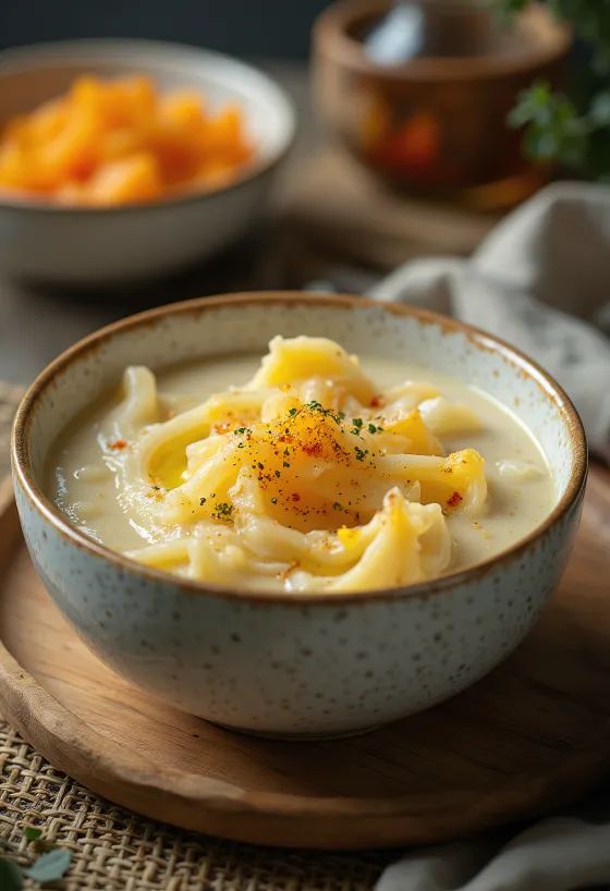 Krémový dýňový přívarek s koprem a zakysanou smetanou, podávaný s čerstvou křupavou žemlí.