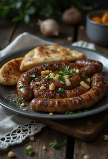 Čevabčiči s česnekem, čerstvě upečené a krásně zlatohnědé, podávané na pita chlebu