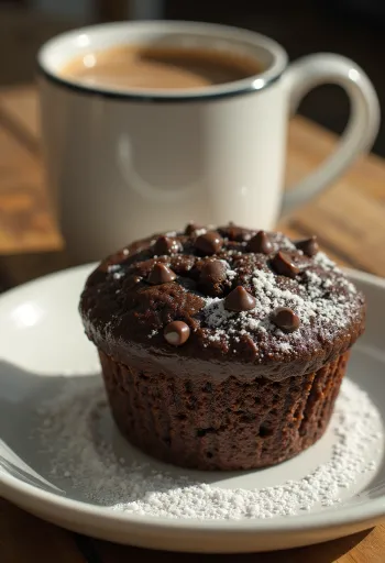 Čokoládové muffiny s kousky čokolády servírované na talíři