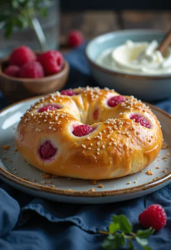 Malinový bagel servírovaný na talíři