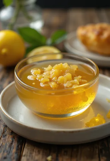 Medovo-citronová glazura se zázvorem v misce, ozdobená plátky citronu a zázvorem