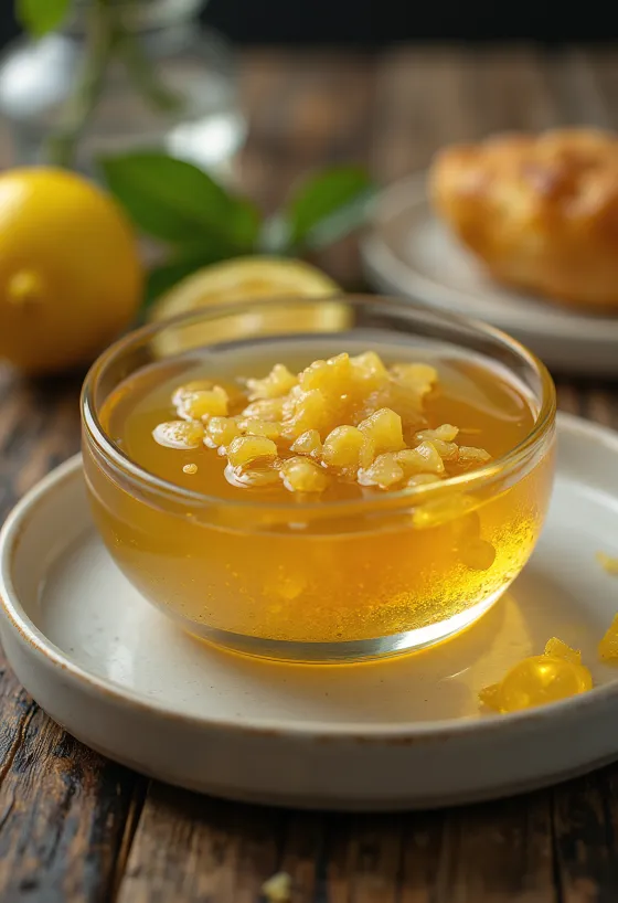 Medovo-citronová glazura se zázvorem v misce, ozdobená plátky citronu a zázvorem