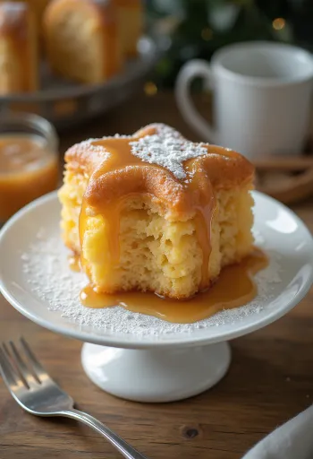 Pandoro podávané na plátky s karamelovou polevou, posypané moučkovým cukrem