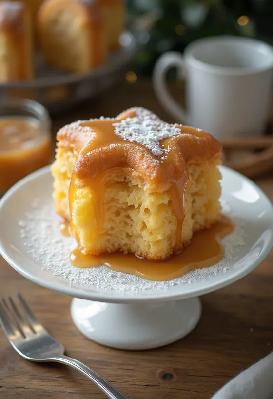 Pandoro podávané na plátky s karamelovou polevou, posypané moučkovým cukrem