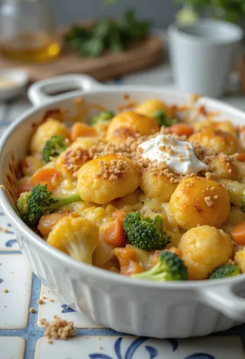 Zapékaná zelenina s měkce upečenou zeleninou, krémovou omáčkou a rozpuštěným sýrem na vrchu