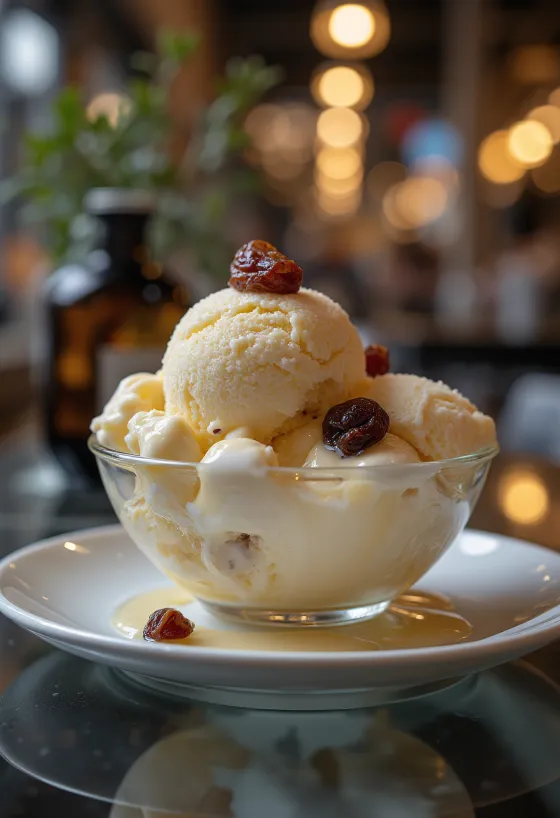 Rumová zmrzlina s rozinkami servírovaná s krémovou konzistencí