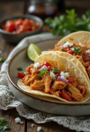 Tacos de Pollo con Salsa Roja při podávání