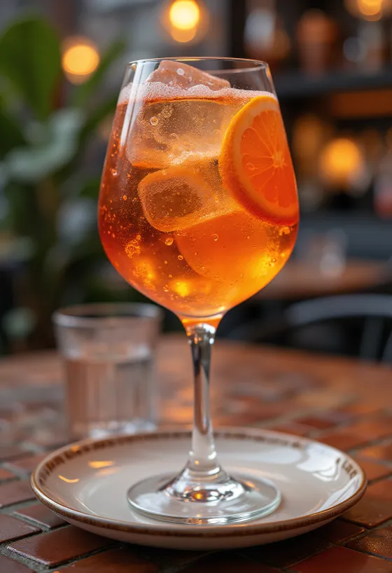 Aperol Spritz zdobený plátkem pomeranče a kostkou ledu