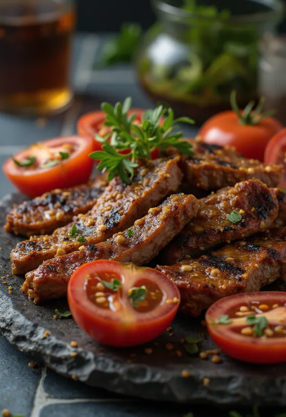 Suya s hovězím masem, podávaná s praženými arašídy a koriandrem