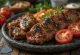Suya s hovězím masem, podávaná s praženými arašídy a koriandrem