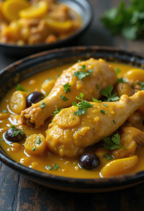 Tagine chicken with preserved lemons podávané v tradičním tajine
