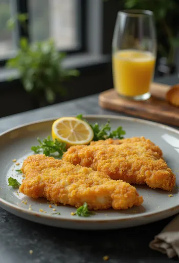 Křupavý vídeňský řízek podávaný s citronem a petrželkovými bramborami