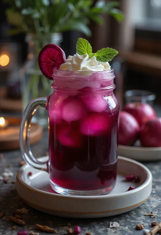 Tmavě červený řepový cider v hrnku