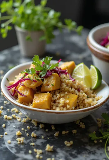 Řepné kari s limetkovým tofu a quinoou servírované