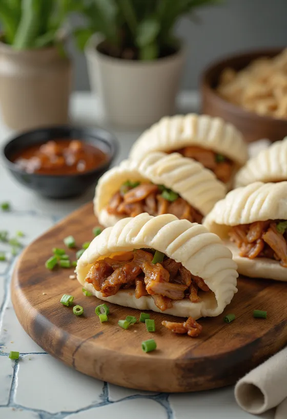 Napařované čínské baozi s pečeným kachním masem, plněné omáčkou hoisin, podávané v bambusovém pařáku