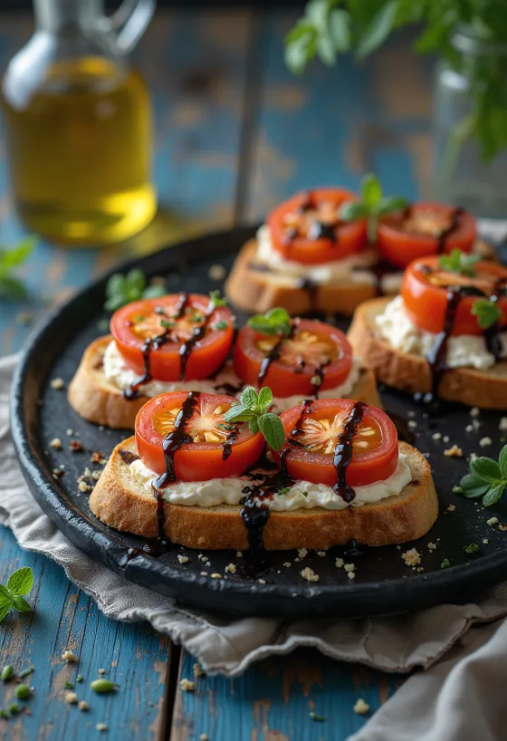 Bruschetta s rajčaty, kozím sýrem a čerstvou bazalkou