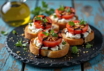Bruschetta s rajčaty, kozím sýrem a čerstvou bazalkou