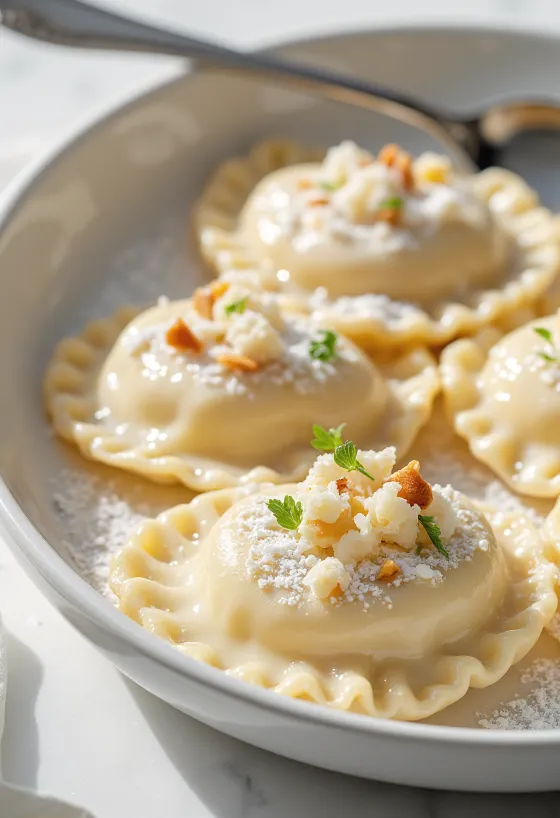 Ravioli s kandovanými mandlemi servírované