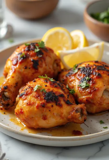 Kuře Tandoori pečené v jogurtové marinádě, podávané s čerstvými bylinkami