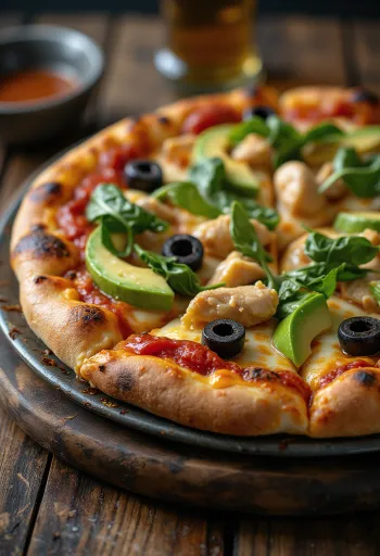 California Pizza s čerstvým avokádem, kuřecími prsy a špenátem