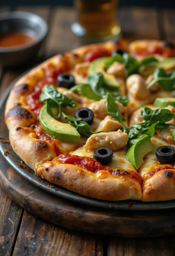 California Pizza s čerstvým avokádem, kuřecími prsy a špenátem