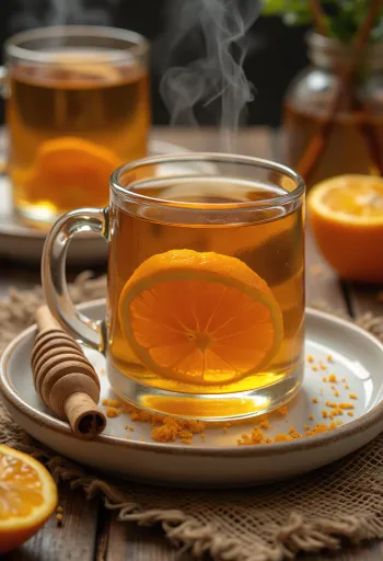 Skořicovo-medový cider, hřejivý nápoj zdobený plátkem pomeranče a skořicí