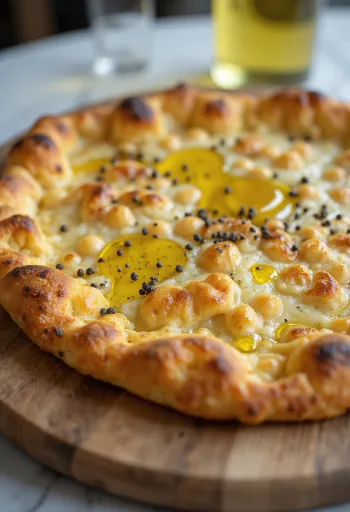 Fainá s olivovým olejem, čerstvě upečené cizrnové těsto na talíři