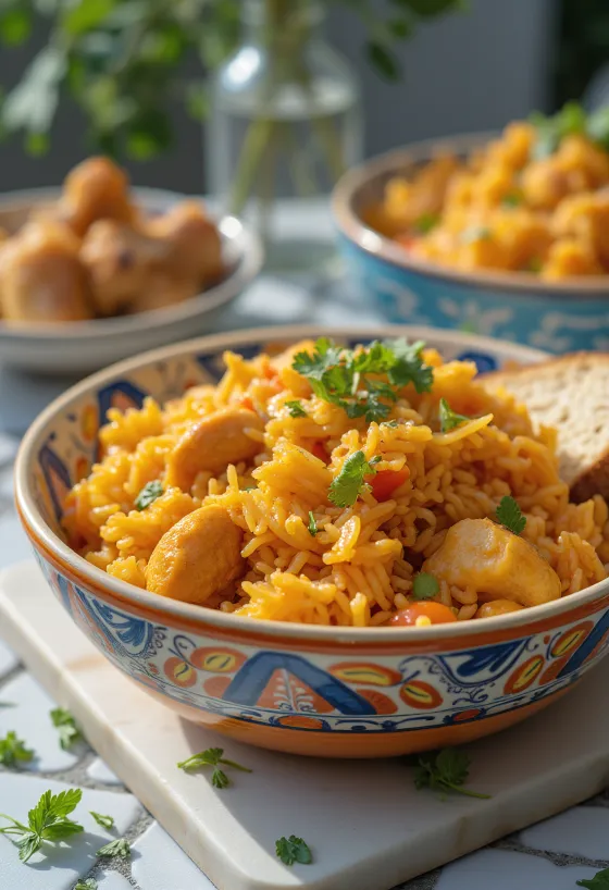 Jollof rýže podávaná s kuřecím masem