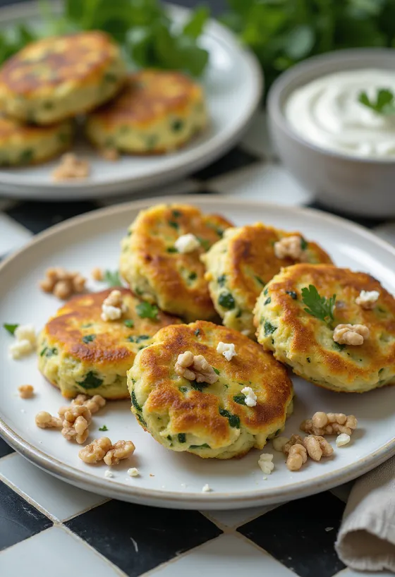 Kolokithokeftedes s vlašskými nebo lískovými ořechy, s čerstvou zeleninou a kořením