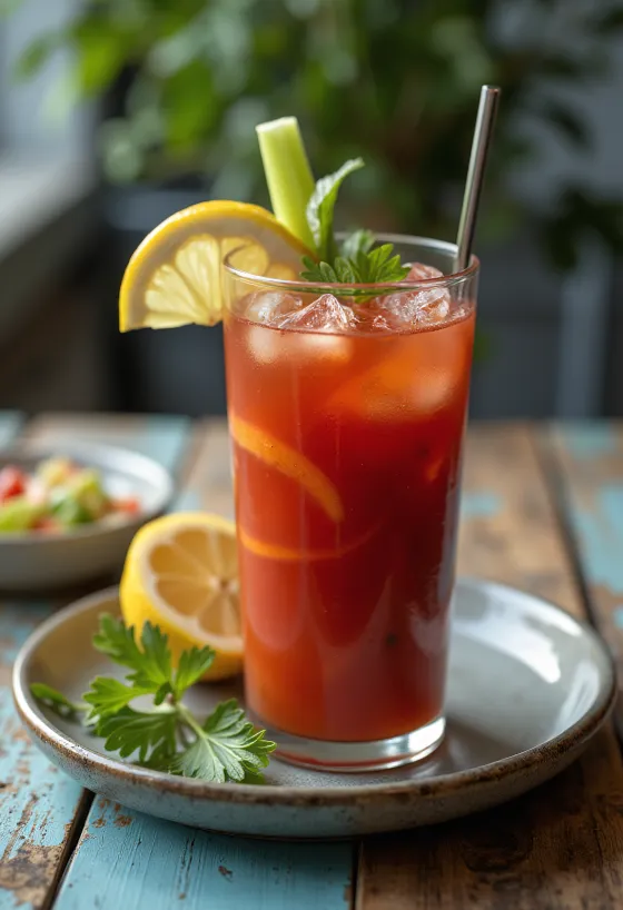 Koktejl Bloody Mary zdobený řapíkatým celerem a plátkem citronu