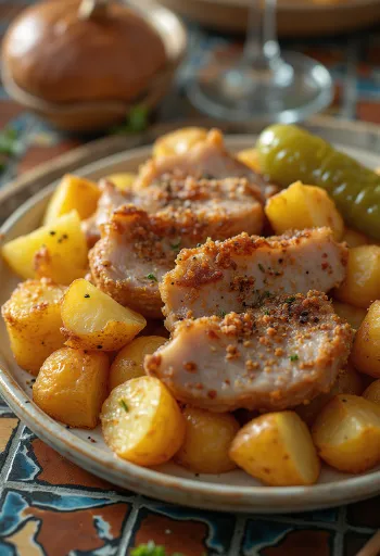 Čerstvě pečené vepřové ragú po brašovsku s bramborovými kostkami a kořením.