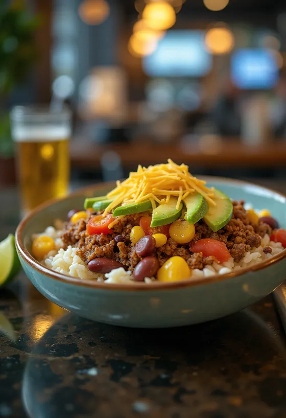 Burrito bowl s hovězím masem, rýží, fazolemi, kukuřicí a sýrem