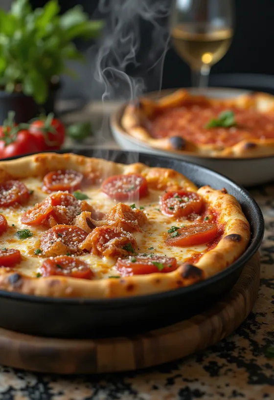 Chicago Deep-Dish Pizza s velkým množstvím sýra a rajčatovou omáčkou